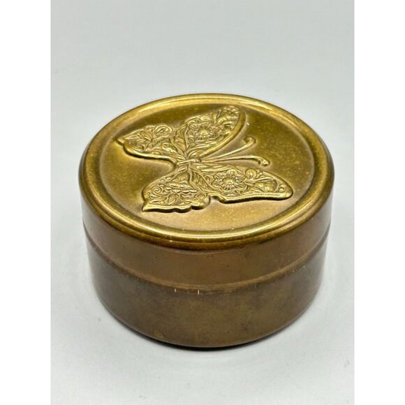 Butterfly Embossed Brass Box Small Cylindric Lidded Trinket Box Red Velvet - Picture 5 of 9